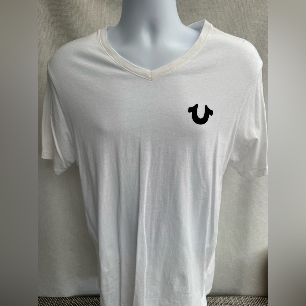 True Religion White V-Neck Logo Tee with Black Emblem